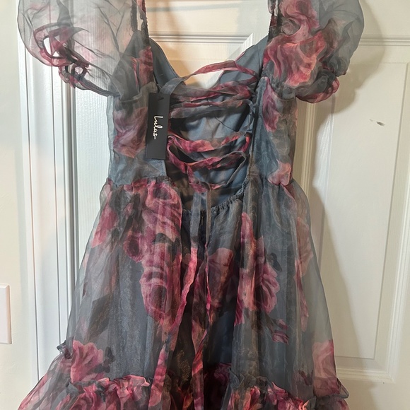 Lulus Ideally Lovely Slate Blue Floral Organza Lace-up Midi Dress - Size L - Picture 2 of 5